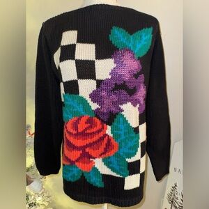 Jimmy Garcia hand loomed Floral Checkered Black Sweater. Size M